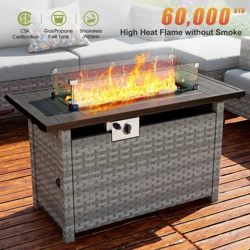 Miniatura 3 de Mesa para fogata de 44 pulgadas con protector contra el viento para exteriores, fogatas de gas propano de encendido automático, mesa rectangular