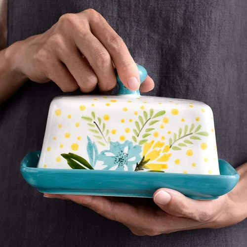 Miniatura 7 de Mantequillera de cerámica con tapa con tapa para mantequilla con tapa para encimera de mantequilla de flores