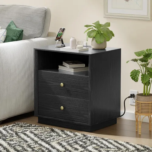 Miniatura 33 de Mesita de noche con 2 cajones de almacenamiento, mesa auxiliar moderna para dormitorio con asa recortada, mesitas de noche grandes para dormitorio
