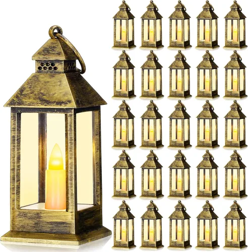 Hoolerry Juego de 24 Mini Linternas Navideñas con Velas LED de 5.5'' Linternas Vintage Pequeñas Decorativas Colgantes Centro de Mesa a Pilas para
