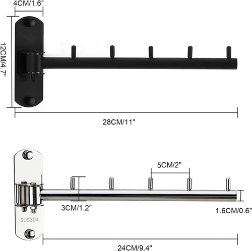 Miniatura 2 de Paquete de 2 percheros plegables de pared con brazo oscilante de acero inoxidable resistente para baño, dormitorio, cuarto de servicio, color negro
