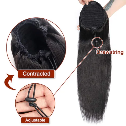 Miniatura 3 de Extensiones de pelo rizado con cordón para cola de caballo, extensiones de cabello humano para mujer con dos clips 1B# 120g/set (71cm)
