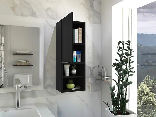 Miniatura 7 de Armario de pared para baño, botiquín montado en la pared, puerta única y estantes abiertos, sala de estar, baño, organizador de almacenamiento Negro