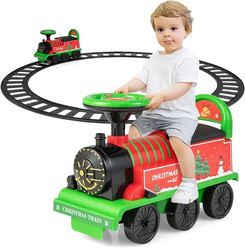 OLAKIDS Tren para niños con pista, juguete eléctrico de 6V con luces y sonidos, reposapiés retráctil, almacenamiento debajo del asiento, tema Estilo
