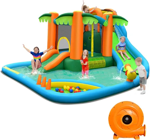 Costzon - Casa infllable 7 en 1 con dos toboganes de agua, pared para escalar zona de salto, hoyo de pelotas, borde de baloncesto, piscina de