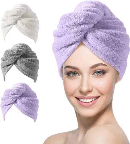 Miniatura 7 de YFONG Paquete de 3 toallas de microfibra para envolver el cabello para mujeres y niñas, toallas turbante súper absorbentes para secar el cabello