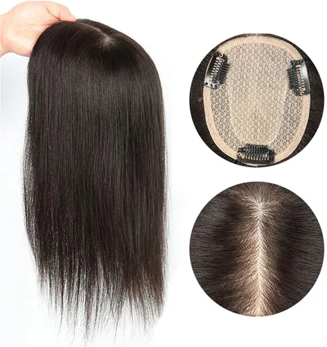 Miniatura 5 de Corona de cabello humano lacio con base de seda, clip invisible, para mujer, 8 pulgadas, color marrón oscuro
