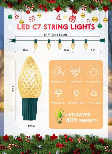 Miniatura 3 de Brightown C7 - Luces LED de Navidad blancas cálidas para exteriores, cadena de luces de Navidad de 17 pies con 25 bombillas de plástico, luces