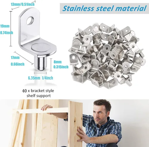 Miniatura 4 de 40 piezas de clavijas de soporte para estante, clavijas de estante de 1/4 de pulgada de diámetro con orificio, clips en forma de L chapados