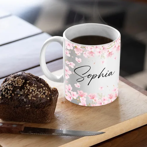 Miniatura 3 de Taza de café personalizada con nombre de flor de cerezo, taza de café blanca de flor de cerezo, taza de viaje de flor de cerezo, regalo