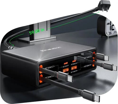 Miniatura 9 de Cargador retráctil 8 en 1 para múltiples dispositivos Apple Samsung, estación de carga de 105 W, USB c Gan Usbc, enchufe de pared de cargador rápido