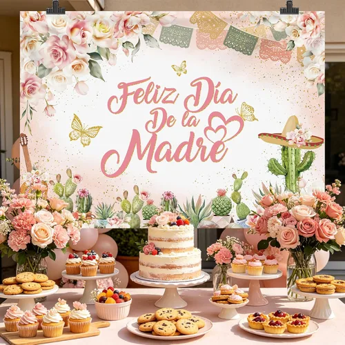 Miniatura 2 de MEHOFOND Fondo de feliz día de la madre, decoración mexicana para el Día de la Madre, fondo floral rosa para cabina de fotos, cartel de fiesta