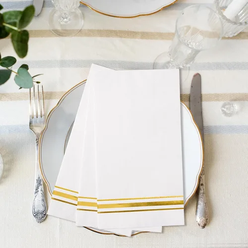 Miniatura 4 de 200 servilletas de papel forradas con borde dorado, elegantes servilletas de cena de 3 capas de papel blanco y dorado, toallas de mano desechables