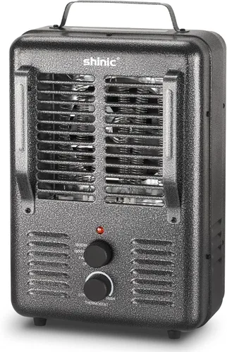 Calentador de espacio Shinic, calentador de 1500W para lechería con termostato, carcasa metálica duradera que se mantiene fresca, protección contra