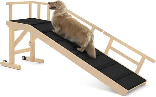 Miniatura 15 de Rampa para perros para cama o sofá, rampa de madera para mascotas con pendiente suave de 20°, rieles laterales extraíbles, superficie