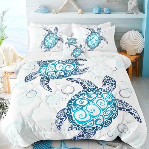 Sleepwish - Juego de edredón con estampado de tortuga, juego de cubrecamas de tortuga hawaiana tamaño Queen en 3D, edredón de playa lindo para cama