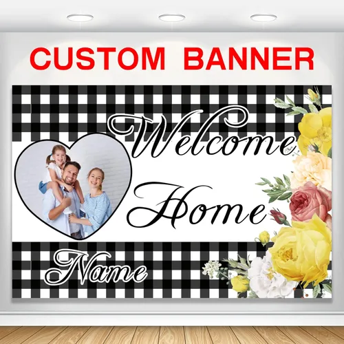 Miniatura 18 de Pancarta personalizada de bienvenida a casa, señal de bienvenida a casa en negro y oro para decoración exterior, suministros de fiesta de regreso
