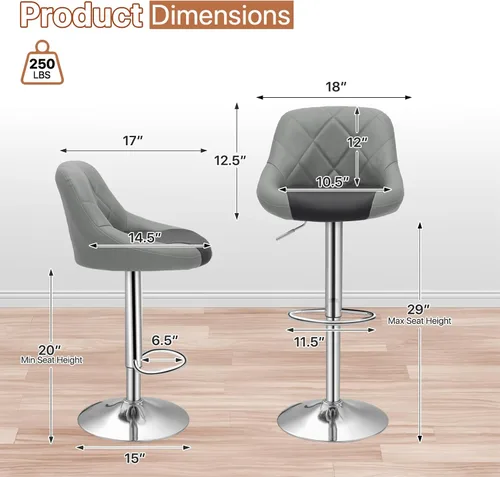 Miniatura 3 de Magshion Juego de 2 taburetes de bar, taburetes de bar giratorios de altura de mostrador, moderna silla de isla con respaldo y reposapiés para Gris