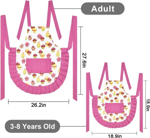 Miniatura 7 de Claswcalor Paquete de 2 delantales 100% algodón para padres e hijos, diseño de cupcakes, delantal de cocina ajustable para mujeres y niños, hijas