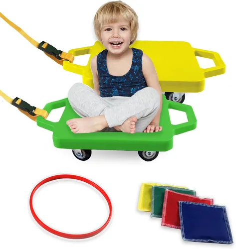 Miniatura 7 de 2 tablas de patín de plástico con asas para niños sentados y entrenamiento deportivo, con 1 anillo, 2 cuerdas y 4 pufs, juego de interior y exterior