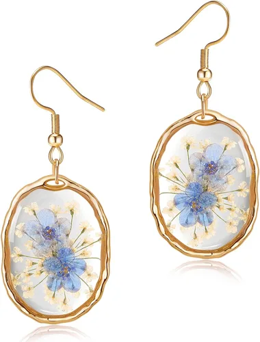 Pendientes de flores prensadas, hechos a mano, con flores de olvidémino y encaje de la reina Ana, flores silvestres únicas de resina seca, perfectos