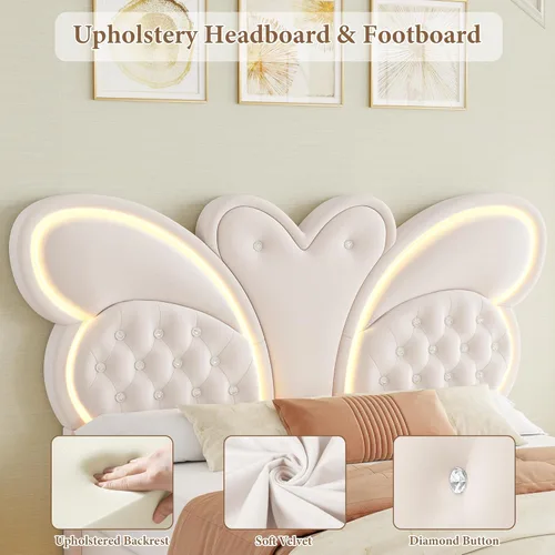 Miniatura 4 de Keyluv Base de cama Queen con cabecera tapizada con patrón de mariposa, moderna cama flotante con luces LED, botón copetudo en cabecero y estribo