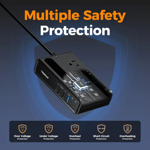 Miniatura 4 de TESSAN - Inversor de corriente para automóvil de 200 W, convertidor de 12 V CC a 110 V CA con 2 salidas de CA y 6 puertos USB con USB de 36 W