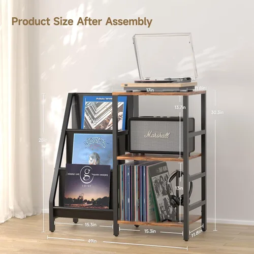 Miniatura 4 de Coco Bird - Soporte para tocadiscos de vinilo con almacenamiento de 3 niveles, estante de exhibición para tocadiscos para 200 álbumes, mesa