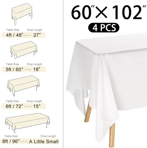 Miniatura 2 de Paquete de 4 manteles rectangulares de poliéster lavables de 60 x 102 pulgadas, color blanco, para mesas de comedor, bodas, bufés, fiestas