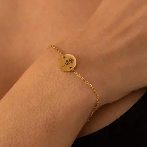 Miniatura 2 de Pulsera de flor de nacimiento de oro de 18 quilates grabada personalizada, pulseras con dije floral personalizado de acero inoxidable, cadena