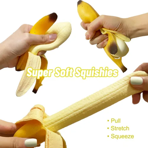 Miniatura 4 de Paquete de 2 juguetes esponjosos de plátano para aliviar el estrés, suave perfumado, simulación de plátano, juguetes para apretar, juguetes
