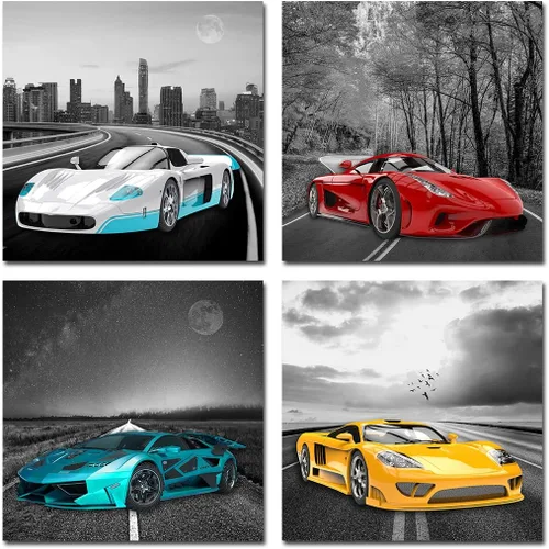 Rtriel Imágenes de automóvil en blanco y negro, impresiones en lienzo de autos de carreras para hombres, adolescentes y niños, decoración de pared