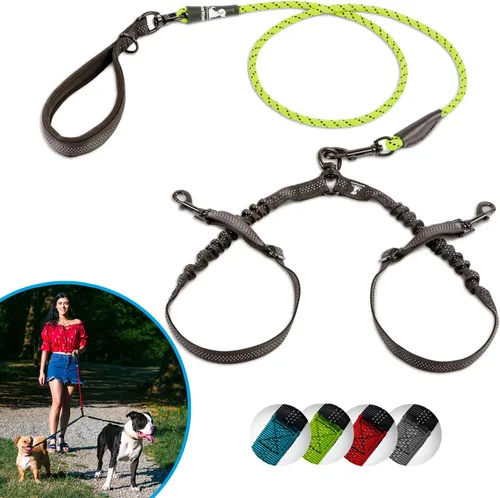Miniatura 14 de Correa doble premium para dos perros, absorción de golpes, antitirón, doble correa para razas medianas y grandes con accesorio de correa doble