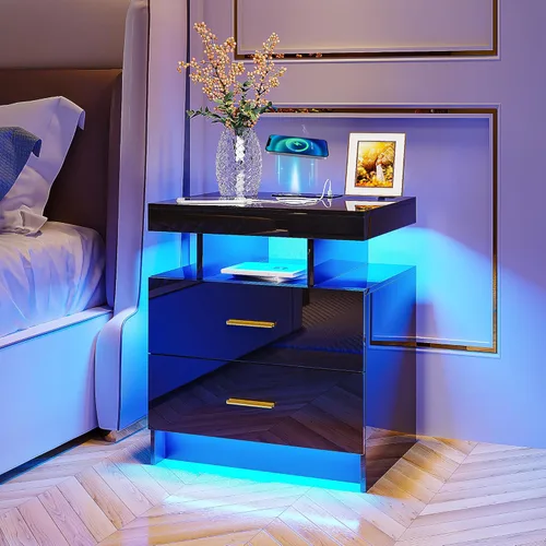 Miniatura 12 de HNEBC Mesita de noche LED con estación de carga, mesita de noche inteligente con luces de sensor de movimiento, 3 cajones, parte superior de vidrio