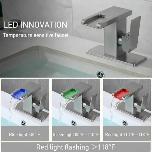 Miniatura 2 de AVSIILE Grifo LED para Lavabo de Baño, Cascada de Níquel Cepillado Mango de Un Solo Orificio Grifos de Tocador para Lavabos 1 Orificio con Desagüe