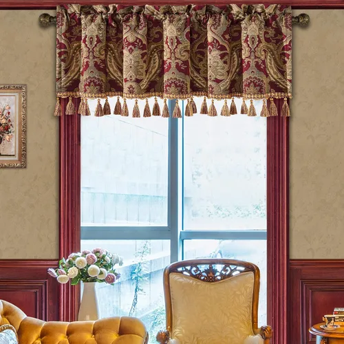 Miniatura 11 de Loom and Mill Cenefas de jacquard de lujo para ventana de sala de estar, elegante cenefa de cortina de damasco beige con ribete de cuentas, cortina