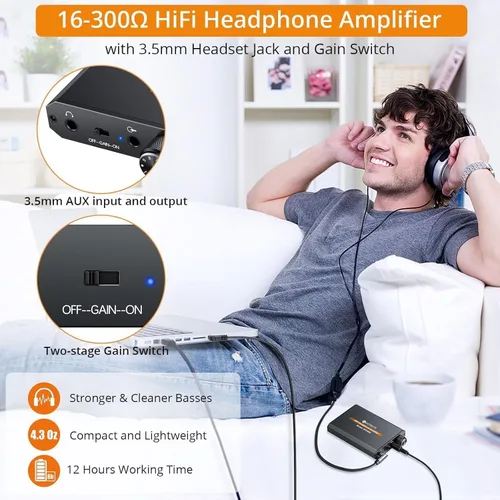 Miniatura 3 de Neoteck Amplificador Portátil de Auriculares de 3.5mm con Interruptor de Ganancia de Dos Etapas, 16-300 Ohm, Superficie Mate de Aluminio
