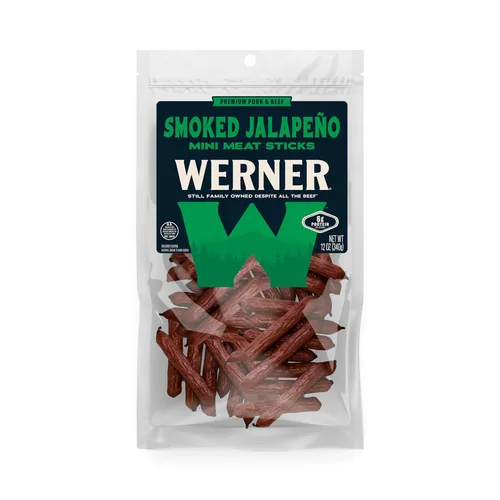 Werner Snacks de carne gourmet, palitos de carne de jalapeño, 12 onzas, fabricados en los Estados Unidos, bolsa resellable de palitos de carne