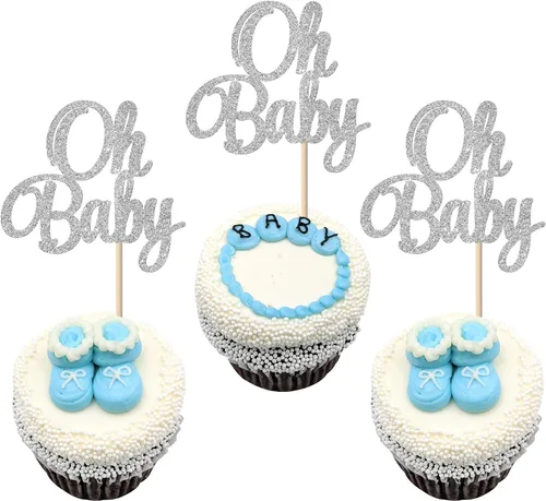 Miniatura 12 de Paquete de 24 adornos para cupcakes para niños o niñas, con purpurina rosa y azul, palillos para cupcakes de baby shower, corbatín, mameluco, mono