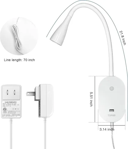Miniatura 3 de Luz de lectura de pared para libros en la cama, lámpara de pared de cabecera con salida USB, lámpara de lectura regulable con 5 controles táctiles