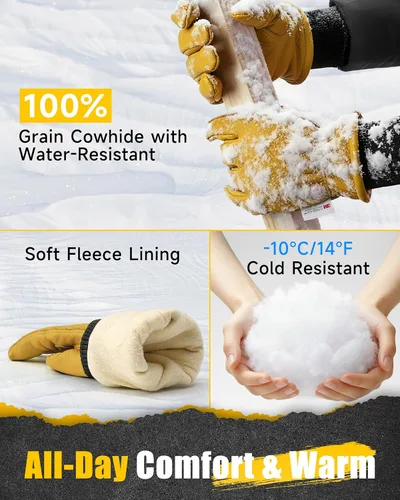 Miniatura 4 de DULFINE Winter Leather Work Gloves for Men and Women,3M Thinsulate Lining for Cold Weather Work, Thermal Insulated Gloves Amarillo/muñeca de punto