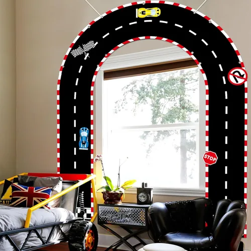 Miniatura 7 de 3 piezas de decoración de cumpleaños de coche de carreras, cartel arqueado de tela para porche, telón de fondo de arco de coche de carreras