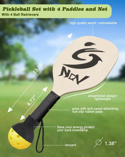 Miniatura 4 de NQV Juego de pickleball con red, red de pickleball de media cancha de 10 pies, paletas de madera de pickleball, pelotas de pepinillo, retrievers