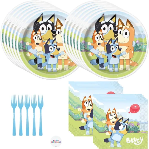 Juego único de suministros para fiesta de cumpleaños de Bluey para 16 invitados - Platos y servilletas de Bluey, tenedores, pegatinas - Decoraciones