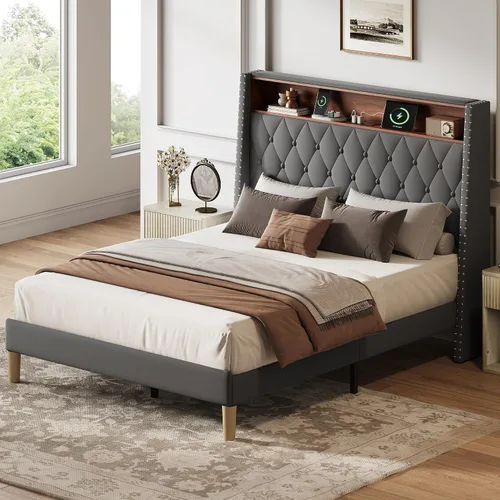 Miniatura 8 de WLIVE Base de cama tapizada de tamaño matrimonial con cabecera de ala de 48 pulgadas de alto, cama cuadrada de terciopelo con estación de carga