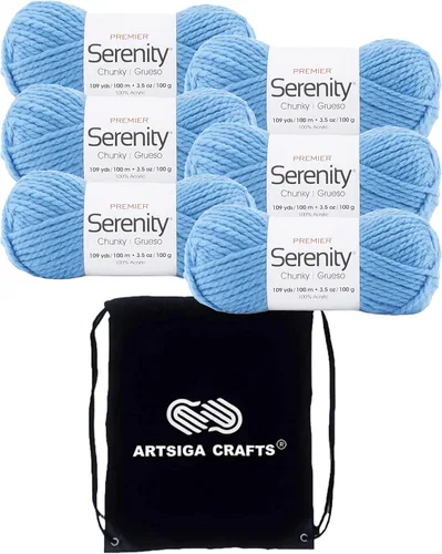 Premier Yarns Serenity - Hilo grueso sólido azul cielo 700-46 (6 madejas - mismo lote de tinte) Hilo acrílico grueso y voluminoso #5 para crochet y