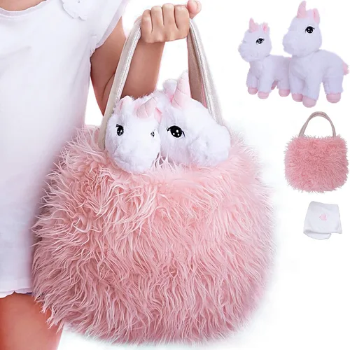 Perfectto Design Juguetes de unicornio para niñas de 3, 4, 5 años. Set de 4 piezas - Animal de peluche mamá bebé, bolso y una manta para muñeca.