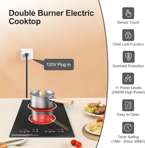Miniatura 3 de Placa de cocina eléctrica, quemador eléctrico de 2 quemadores integrados y encimera para cocinar, estufa de 2400 W 110 V, 11 ajustes de potencia