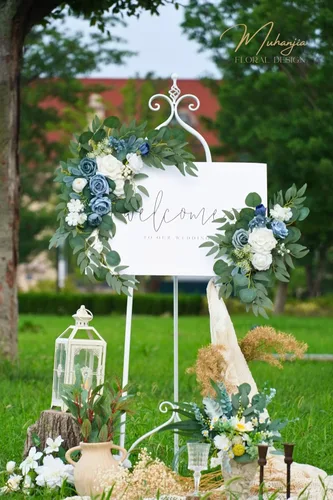 Miniatura 2 de Muhanjia Letrero de boda con estampado de flores sintéticas (paquete de 2) para ceremonia, fiesta, recepción, entrada, decoración floral, caballete