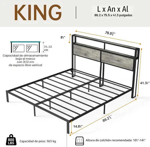 Miniatura 2 de Base de cama tamaño King con cabecero, estructura de cama de plataforma metálica con luces LED y estación de carga, almacenamiento debajo de la gris
